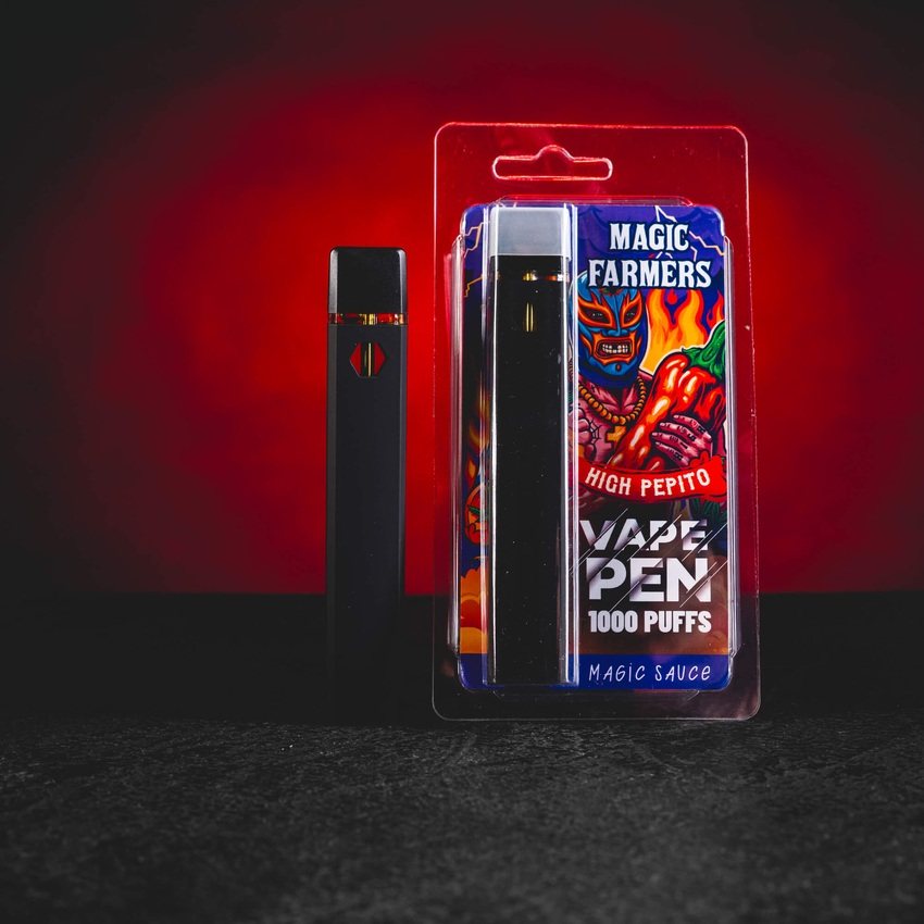 Einweg-Premium-Vape-Pen High Pepito mit fruchtig-würzigem Profil und spielerischem Charakter für intensive Entspannungsmomente. magic farmers high pepito vape pen einweg vaporizer 1000 puffs kratomworld verkauf